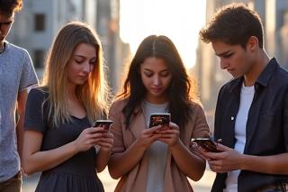 スマートフォンでインフルエンサーの投稿を見る人々